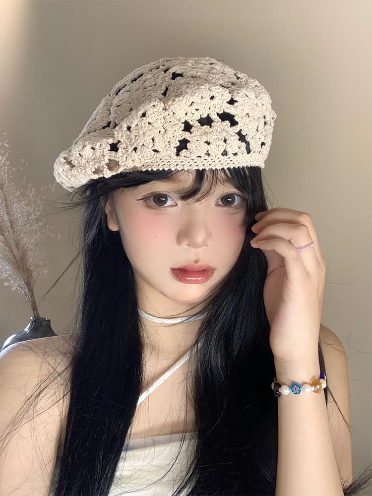 帽子 レディース かぎ針編みフラワーベレー帽