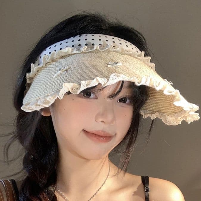 帽子 レディース フリル付き水玉サンバイザー