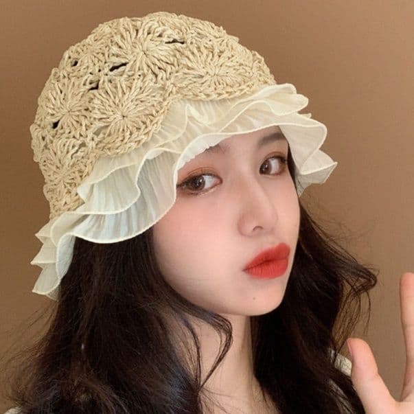 帽子 レディース 花編みフリルハット