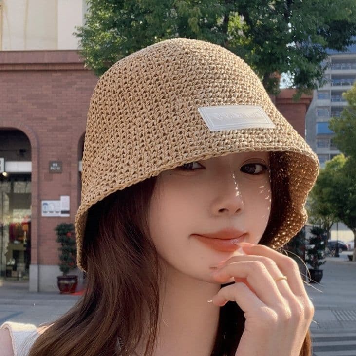 帽子 レディース 洗練プレート付き透かし編み麦わら帽