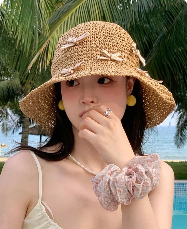 帽子 レディース リボン飾り付き折りたたみ麦わら帽子