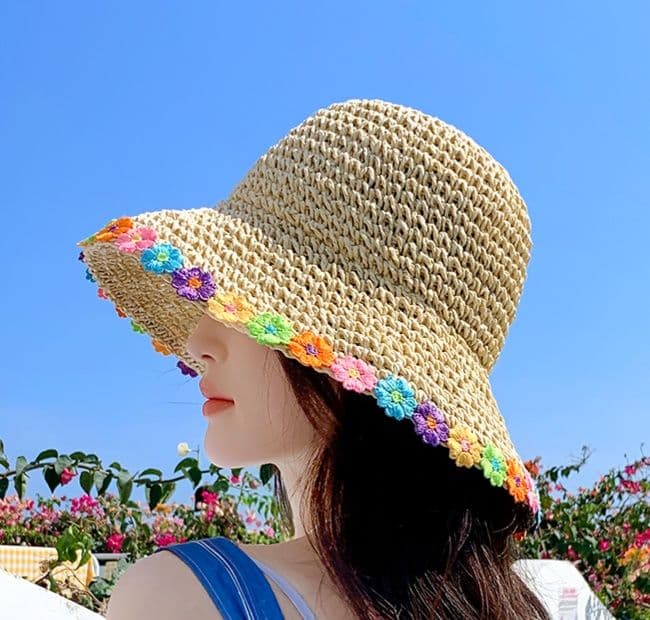 帽子 レディース 花飾り縁取り麦わら帽子