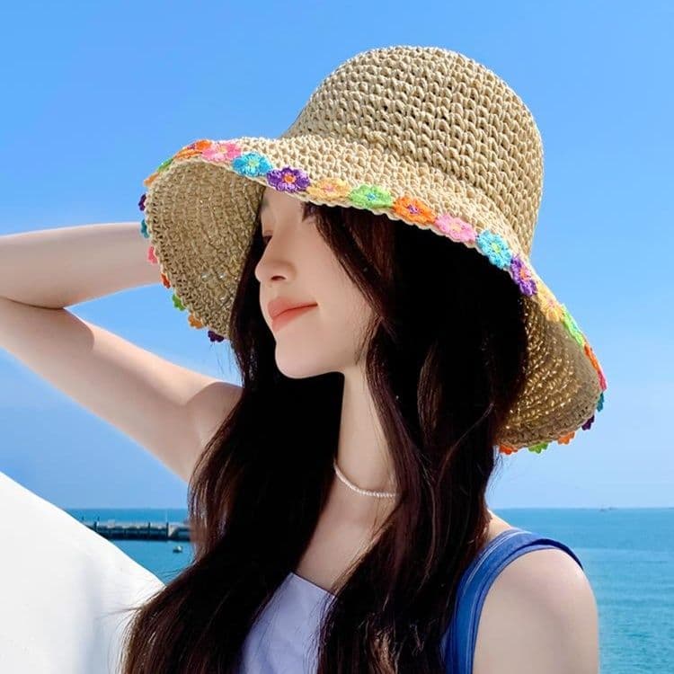 帽子 レディース 花飾り縁取り麦わら帽子