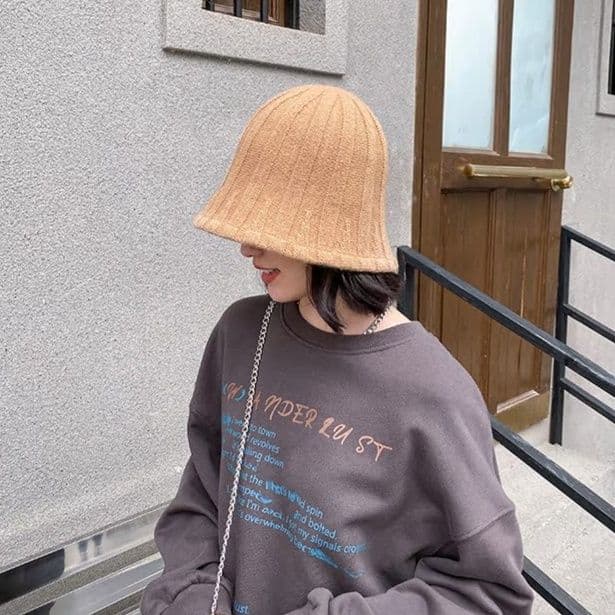 帽子 レディース リブ編みニット素材の深めバケットハット