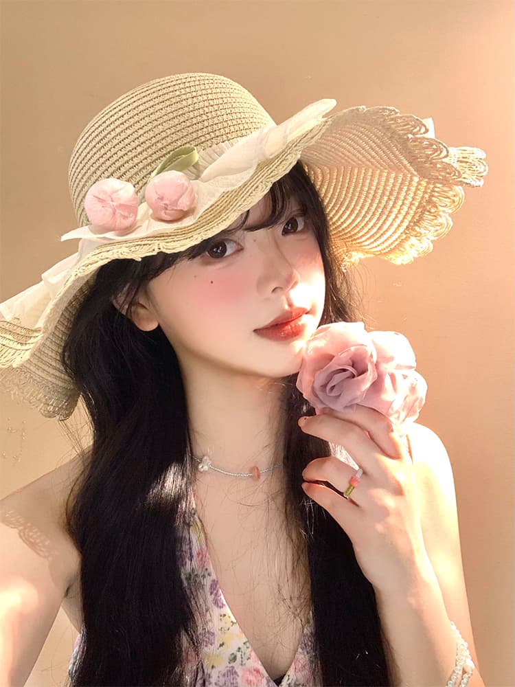 帽子 レディース 花モチーフつき　波縁麦わら帽子