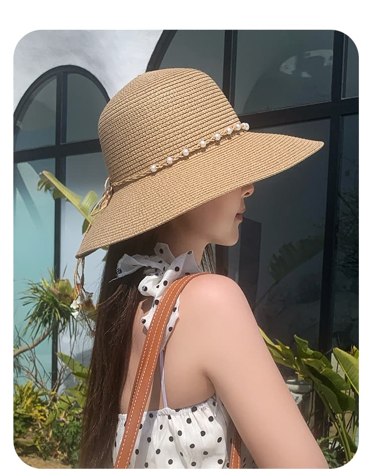 帽子 レディース 真珠飾り付き　広つばリゾート帽