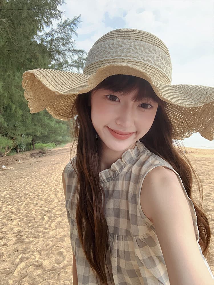 帽子 レディース 波型フリル麦わら帽子