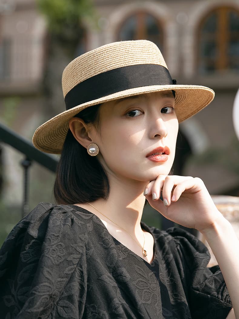帽子 レディース クラシカル　平つば麦わら帽子