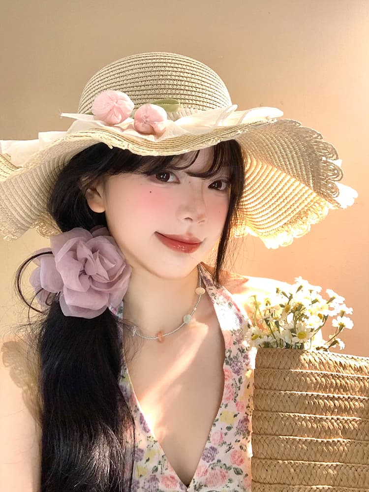 帽子 レディース 花モチーフつき　波縁麦わら帽子