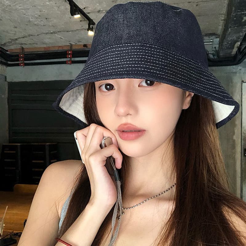 帽子 レディース デニム風ステッチバケットハット